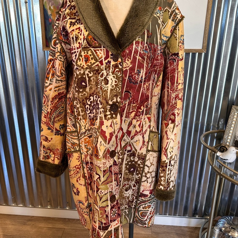 Colorful Patterned Coat with Faux Fur Trim